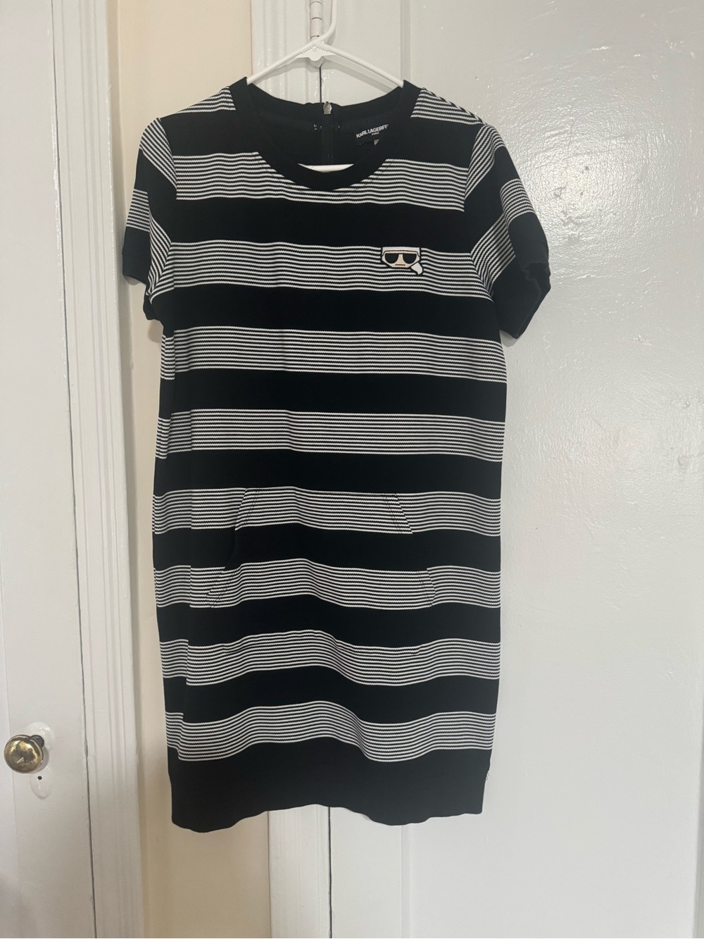 Karl Lagerfeld Black and White Striped Short Sleeve Mini Dress